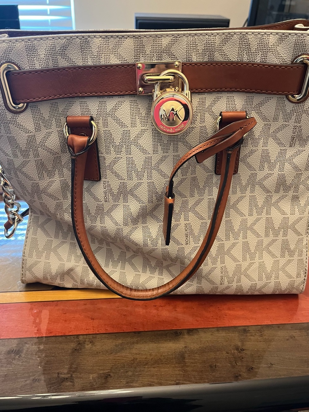 Michael Kors Beige/ Brown Logo Tote with Gold Accent Lock